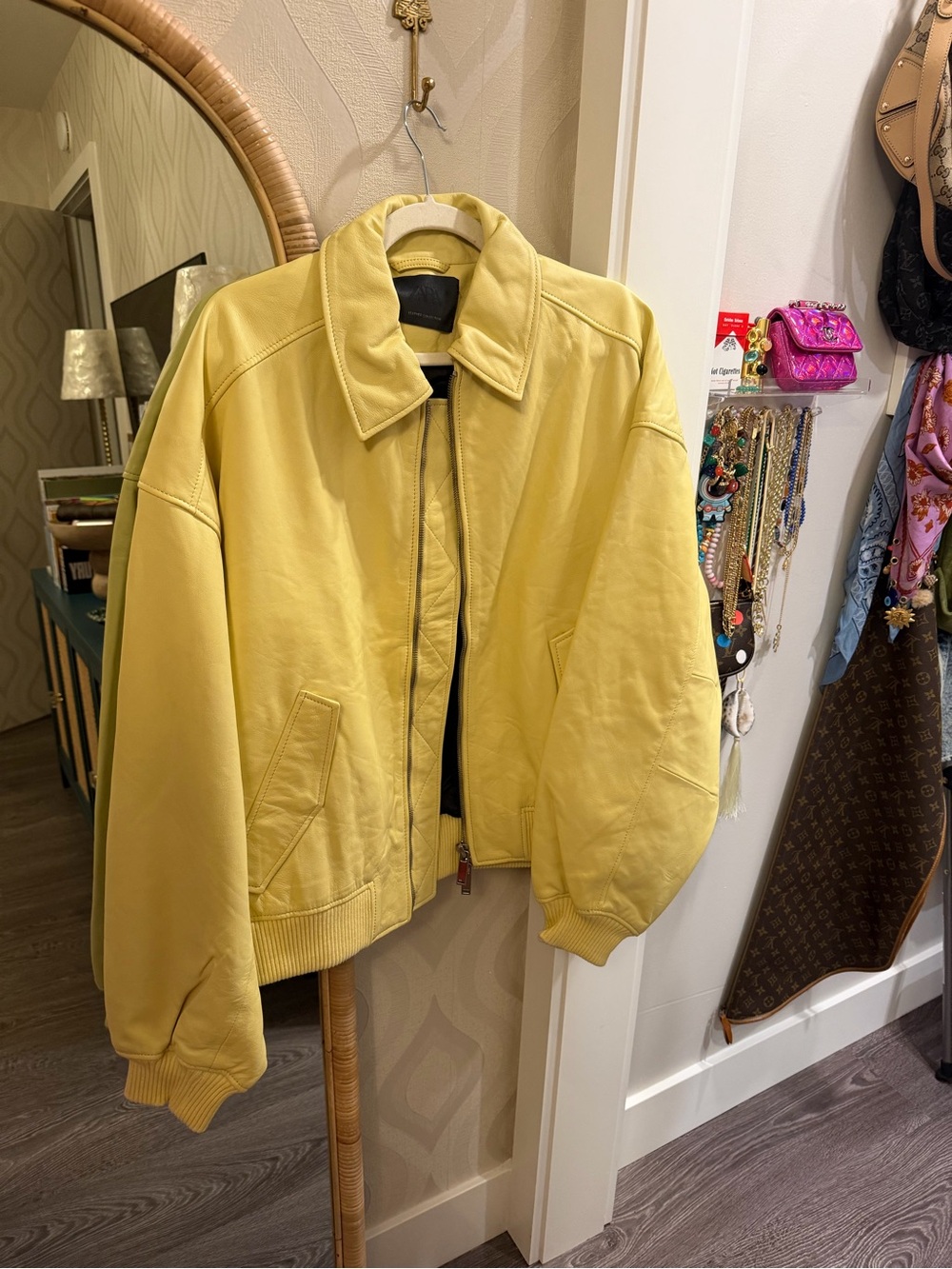 ZARA NEW WOMAN LEATHER BOMBER JACKET GRAPEFRUIT YELLOW L-XL 5479/687/308